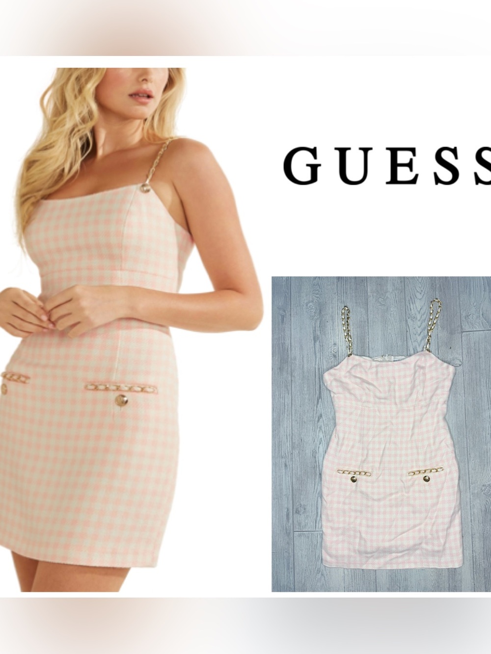 Guess Caroline Tweed Dress Ballet Pink gold detail mini dress 10 legally blond